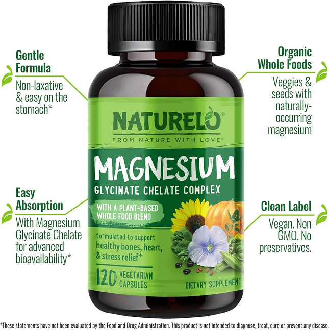 NATURELO Magnesium Glycinate Chelate Complex - 200 Mg Magnesium with Organic Veg