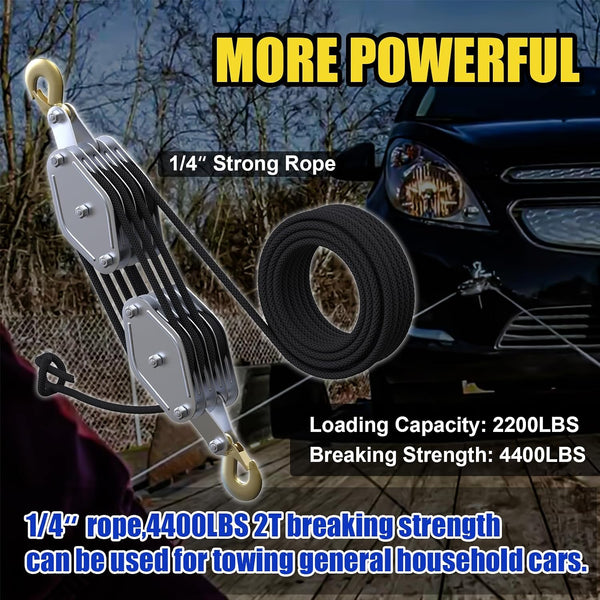 Block and Tackle 4400LBS Breaking Strength Heavy Duty Pulley Hoist, 65 Ft Rope, 7:1 Lifting Power, 2 Pcs 8 Ft Lift Sling (Black)