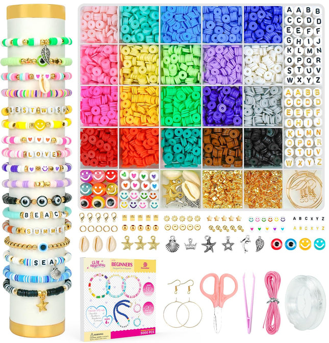 Dowsabel Clay Beads Bracelet Making Kit for Beginner, 5000 Pcs Preppy Polymer Clay Beads with Charms Kit for Jewelry Mak