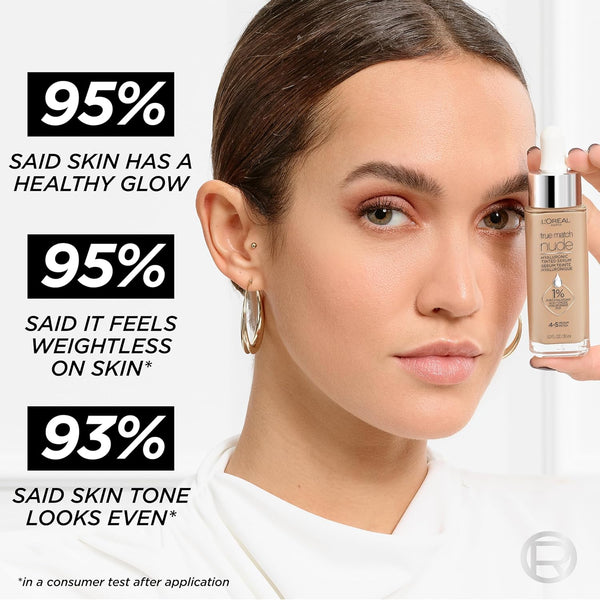 L'Oreal Paris True Match Nude Hyaluronic Tinted Serum Foundation with 1% Hyaluronic Acid, Light-Medium 3-4, 1 Fl. Oz.
