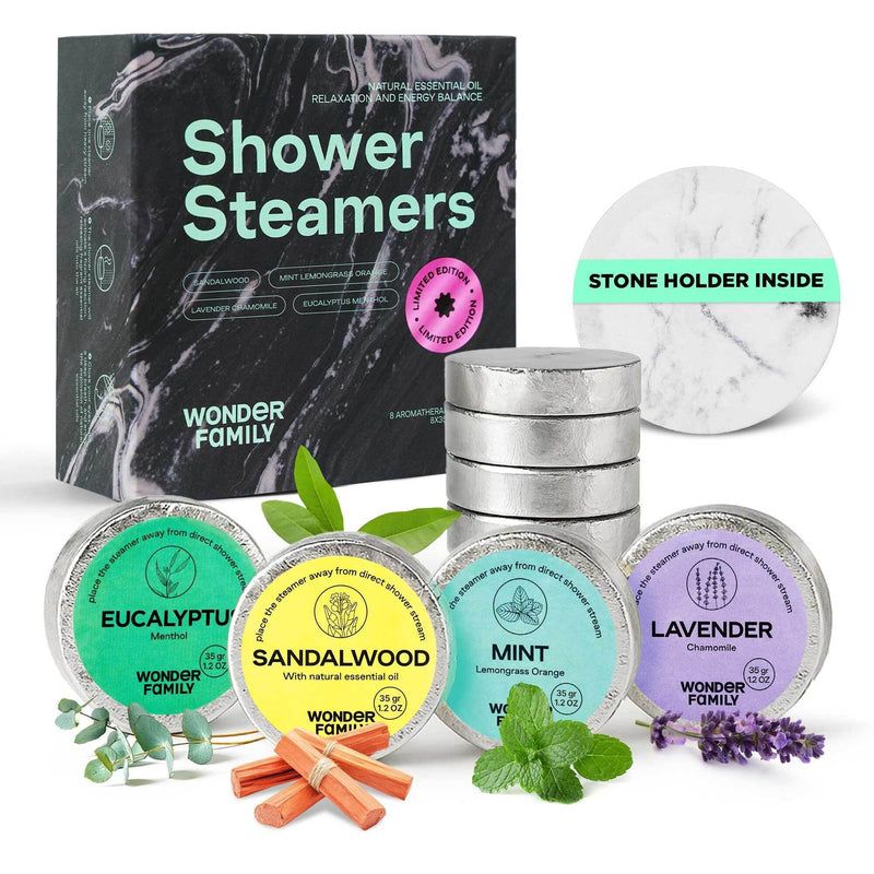 Aromatherapy Shower Steamers Gift Set – Mint, Eucalyptus, Sandalwood, Lavender – Essential Oil Vapor Shower Tablets, Individually Wrapped Melts,