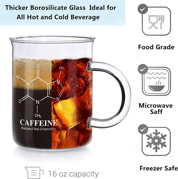 Caffeine Beaker Mug, Caffeine Molecule Mug - Chemistry Mug 16 oz Borosilicate Glass Coffee Mugs with Handle and Measuring for Coffee, Latte, Tea