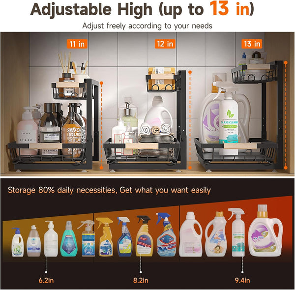 Sevenblue 2 Pack Under Sink Organizer, Under Bathroom Cabinet Organizer with Hooks Hanging Cup, Multi-Purpose Storage Shelf for Kitchen Bathroom,