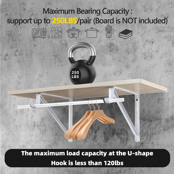 Heavy Duty Closet Shelf Rod Brackets 11x9.5in, Wall Mounted 250lbs Capacity | 10 Pack Steel Shelf Brackets with Rod Support for Hanging Clothes,