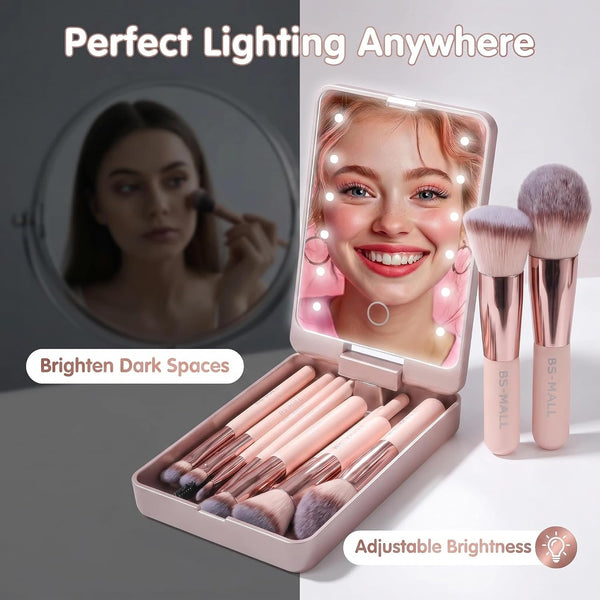 BS-MALL Makeup Brushes Foundation Powder Concealers Eye Shadows Makeup Set with LED light Mirror 14 Pcs Mini Makeup Brushes (APINK) Black/White/Pink