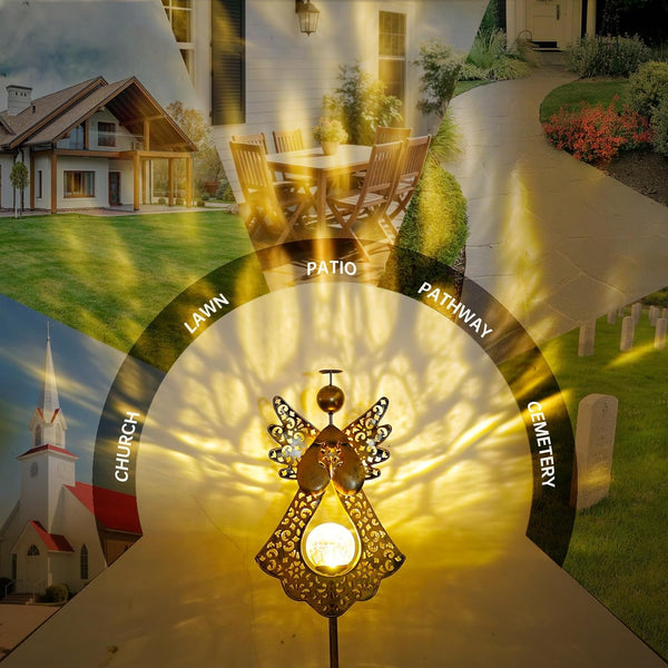 Starryfill Angel Stake Solar Lights with Crackle Glass Globe Waterproof Warm White LED, 40.5 inches Height Metal Bronze Stake Garden Patio Art