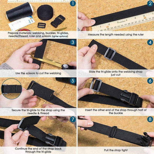 5 Set Each of 1 Inch Flat Side Release Buckles and Tri-Glides with 5 Yards of Nylon Webbing Straps - Ideal for DIY Luggage Straps, Pet Collar,