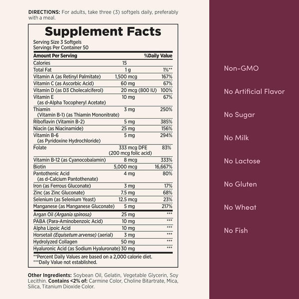 Nature'S Bounty Advanced Hair, Skin & Nails, Argan-Infused Vitamin Supplement with Biotin and Hyaluronic Acid, 150 Rapid Release Softgels, 50