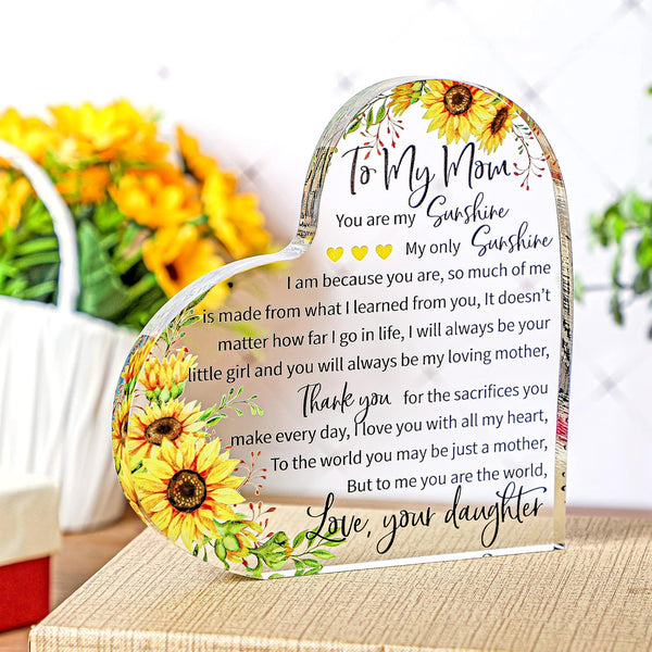 Jetec Mom Birthday Gifts Heart Acrylic Women Mothers Birthday Gifts Sign Plaque Presents from Daughter Son Christmas Valentines Gift, 5.91 x 5.91