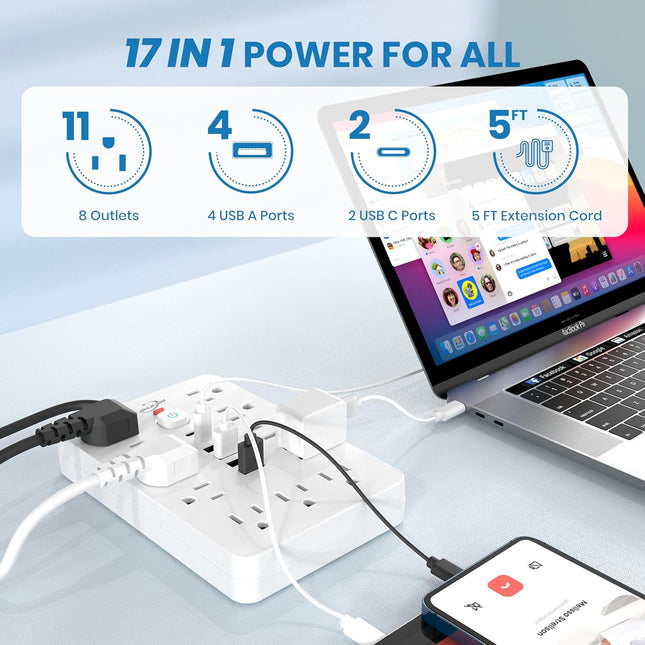 JouleLoom Power Strip Surge Protector with 11 Outlets, 4 USB and 2 USB C Ports, 5 Ft Extension Cord, Flat Plug, Wall Mou