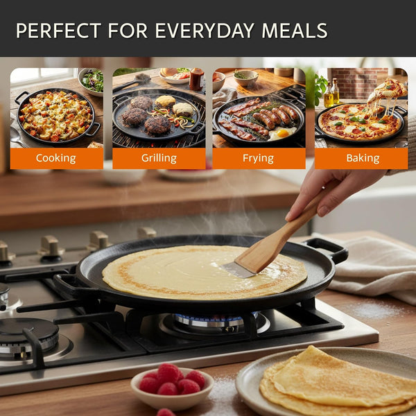 Home-Complete Cast Iron Pizza Pan, Even-Heating Cast Iron Cookware, 14” | Round Pizza Pan for Oven, Stovetop, Grill, or Campfires, Nonstick