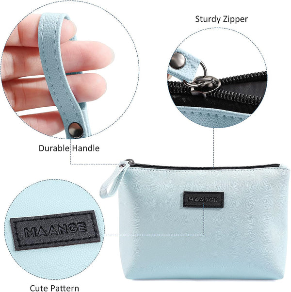 MAANGE Cosmetic Bags for Women Small Makeup Bag for Purse Pu Leather Makeup Pouch Travel Makeup Bag with Zipper Make Up Bag for Travelling Blue
