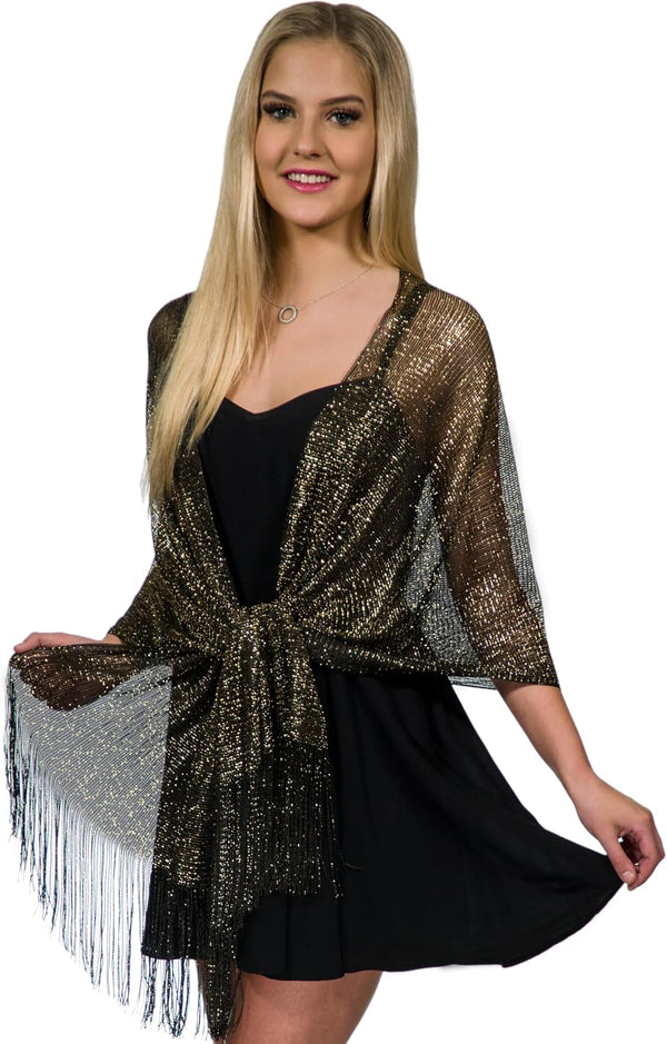 ShineGlitz Shawls and Wraps for Evening Dresses, Metallic Glitter Shawls for Women, Sparkling Wedding Giving Shawl Gift Black/Gold