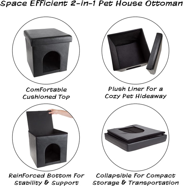 Cat House Ã¢ÂÂ Collapsible Multipurpose Small Dog or Cat Ottoman with Footrest, Cushioned Top, and Interior Pillow by PETMAKER (Black)