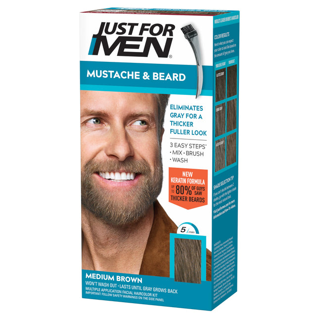 Just for Men Mustache & Beard, Beard Coloring for Gray Hair with Brush, with Keratin Biotin Aloe and Coconut Oil for Hea