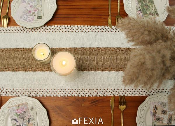 FEXIA Boho Table Runner for Home Decor with Tassels 72 Inches Farmhouse Long Pottery Barn Furniture Rustic Macrame Burlap Table Decoration for