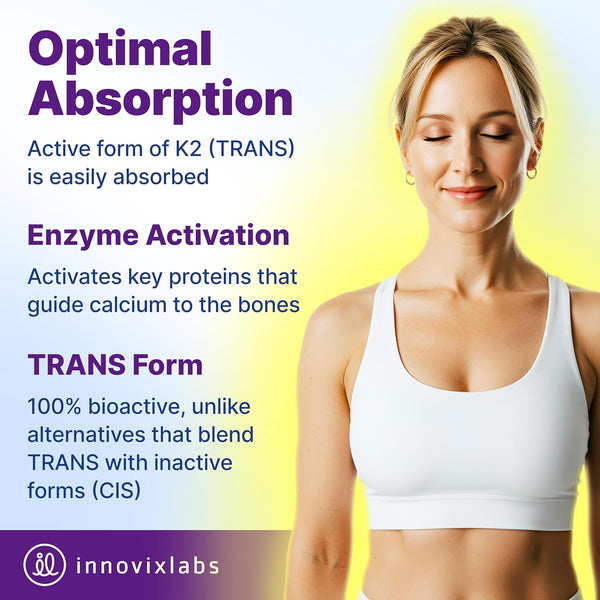 Innovixlabs Full Spectrum Vitamin K2-90 Softgels with 600 Mcg of Trans Form MK7 and MK4 - Supports General Health and Bone Strength - Soy and