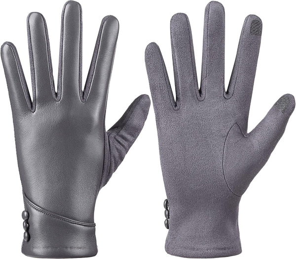 Womens Winter Leather Gloves Touch Screen Wool Lined Windproof Warm Suede Fashion Dress Gloves Large-X-Large Grey