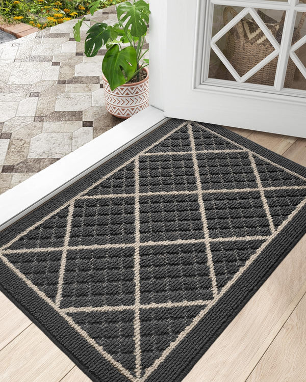 DEXI Front Door Mat Indoor Entryway 17x30 Inside Entrance Doormat Dark Grey | Non Slip Low Profile Thin Absorbent Washable Entry Mats for House