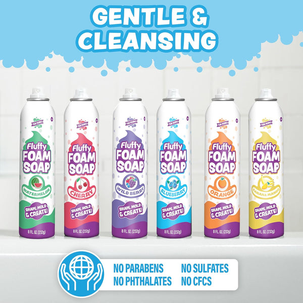 Tub Works® Fluffy Foam Soap, Variety 6 Pack | Shape, Mold & Create Bath Art with Soft Bath Foam for Kids | Gentle, Cleansing Kids Bath Soap | Easy-To-Use Spray Nozzles | Fruity, Fun Bath Colors