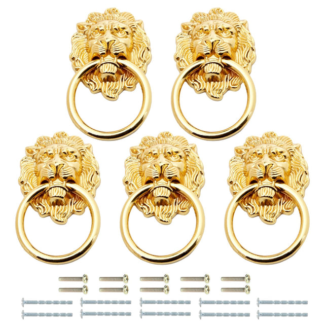 Mgoodoo 5Pcs Drawer Lion Head Pull Handle Knob Dresser Cabinet Pull Ring 1.97X3.54Inch Classical Antique Style Zinc Allo