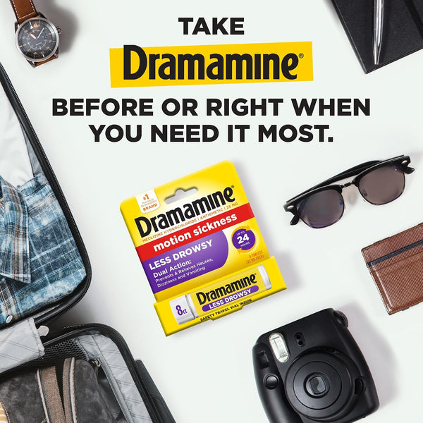 Dramamine Motion Sickness Less Drowsy, Travel Vial, Multicolor, 8 Count 8 Count (Pack of 1)
