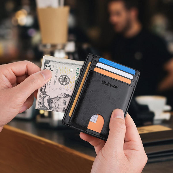 Buffway Slim Minimalist Front Pocket RFID Blocking Leather Wallets for Men and Women - Alaska Black Small Alaska Black