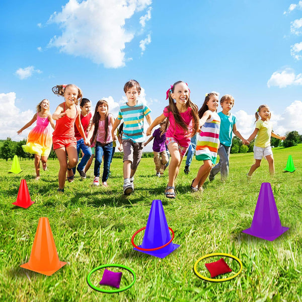 Unanscre 31PCS 3 in 1 Carnival Outdoor Games Combo Set for Kids, Soft Plastic Cones Bean Bags Ring Toss Game, Gift for Birthday Party/Xmas