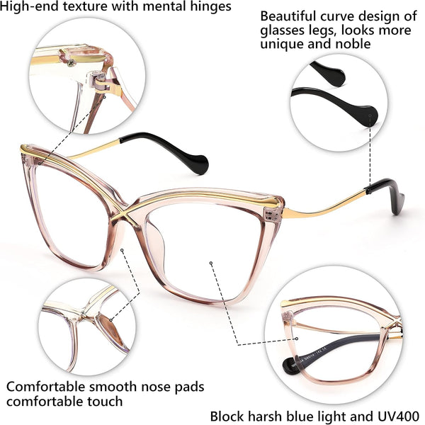 FEISEDY Women Oversized Square Blue Light Blocking Glasses Anti Eyestrain Cat Eye Fashion Eyewear B2956 Transparent Tea 55 Millimeters