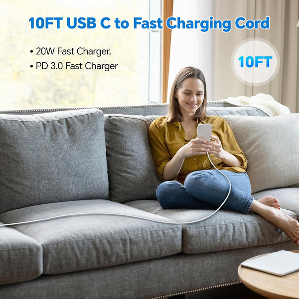 Compatible with iPhone 17/16/15 Charger Fast Charging, Dual Port 20W USB C Wall Charger Block Type C to Type C 10ft Long USB C Fast Charing Cable