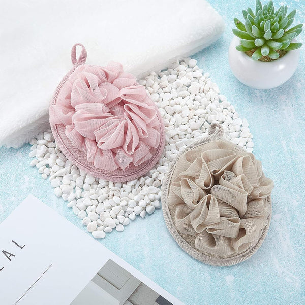 Boao 3 Pcs Bath Shower Pouf Sponge Mesh Pouf Shower Ball Exfoliating Body Sponge Pad Scrubber Glove with Flower Bath Ball (Khaki,Dark Brown,Dark