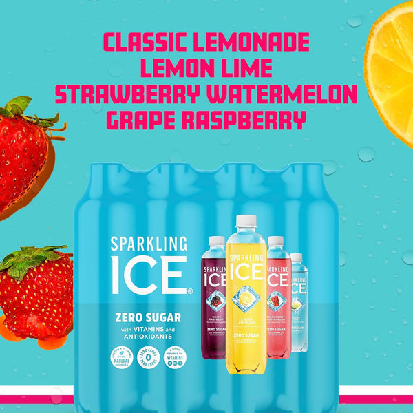 Sparkling Ice Blue Variety Pack, Zero Sugar Sparkling Water, with Vitamins and Antioxidants, 17 fl oz, 12 count (Classic Lemonade, Strawberry