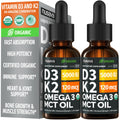 (2 Pack) Organic Vitamin D3 K2 Drops with MCT Oil & Omega 3 - Liquid Vitamin D3 5000 IU - K2 D3 Vitamin Supplement - Vitamin D Drops for Women &