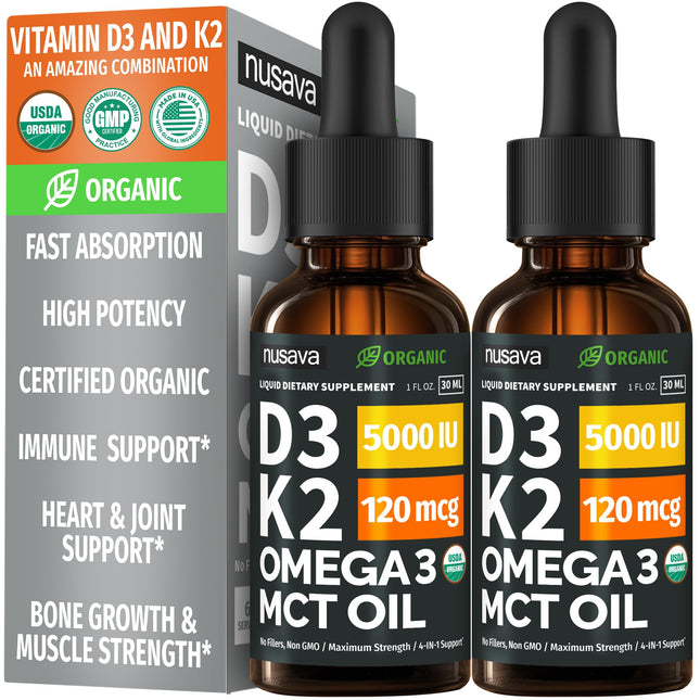 (2 Pack) Organic Vitamin D3 K2 Drops with MCT Oil & Omega 3 - Liquid Vitamin D3 5000 IU - K2 D3 Vitamin Supplement - Vitamin D Drops for Women &
