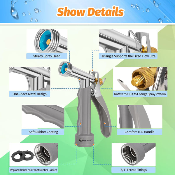 AUTOMAN Full Size Garden Hose Nozzle, High Pressure Pistol Grip Water Nozzle Sprayer with Threaded Front, Adjustable Spray Water Flow for Washing