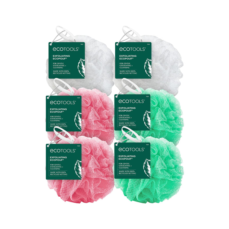 EcoTools 6 Pack Exfoliating EcoPouf, Shower Loofah Scrubs & Cleanses, Pouf with Recycled Netting, Exfoliation Removes Dead Skin, Bath Accessory,