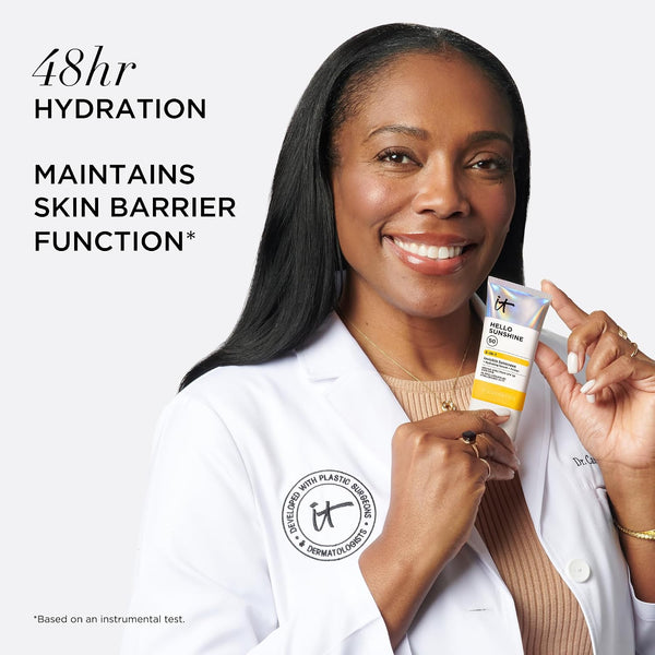 IT Cosmetics Hello Sunshine Hydrating Sunscreen SPF 50 (1.69 fl oz) | 3-in-1 Daily Face Sunscreen + Hydrating Serum + Makeup Primer - No White