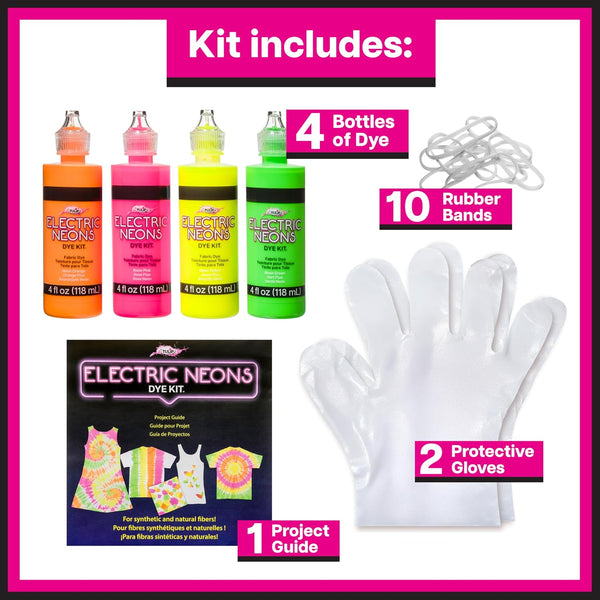 Tulip Electric Neons Tie-Dye Kit, Party Activity, Black Light Reactive Fabric Dye, Pre-mixed Green, Yellow, Orange, Pink, Easy Application &