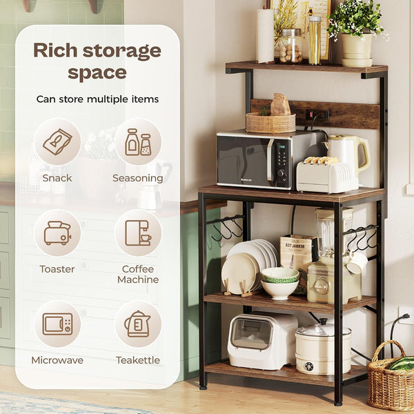 SUPERJARE Kitchen Bakers Rack with Power Outlet, Coffee Bar Table 4 Tiers, Kitchen Microwave Stand with 6 S-shaped Hooks, Storage Shelf Rack for