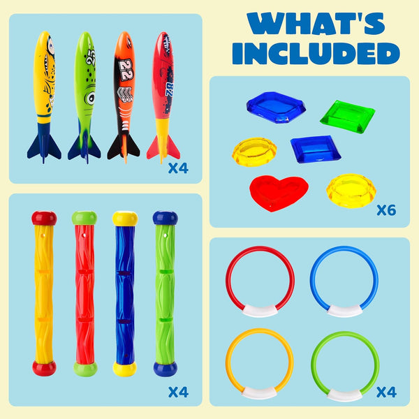 JOYIN 18Pcs Diving Pool Toys for Kids, Swimming Pool Toy with Storage Bag Includes 4 Pool Rings, 4 Diving Sticks, 4 Bandits, 6 Treasures