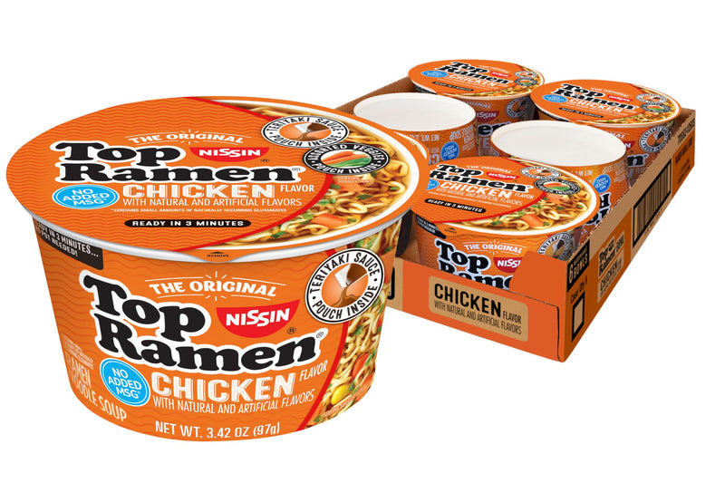 Nissin Top Ramen Bowl Ramen Noodle Soup, Chicken, 3.42 Ounce (Pack of 6) | Quick, convenient meal ready in minutes with just hot water. Chicken