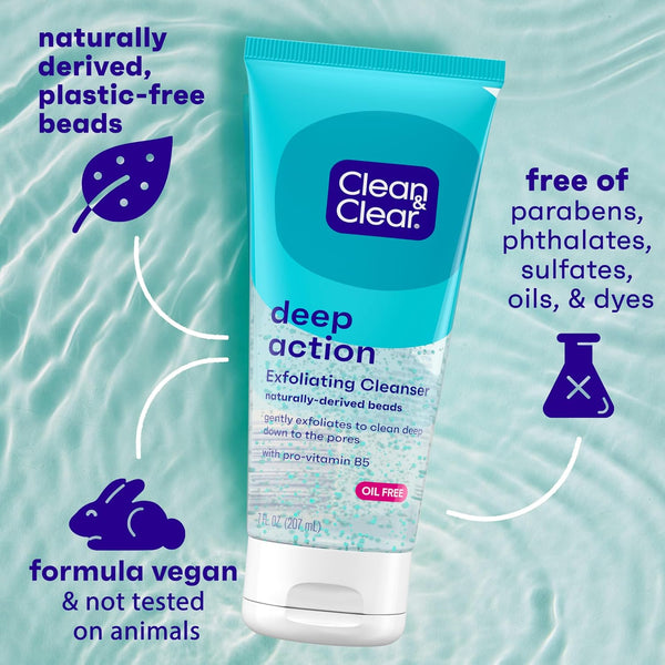 Clean & Clear Deep Action Exfoliating Facial Cleanser, Scrub & Face Wash, Pro-Vitamin B5, Lactic & Glycolic Acids, Oil-Free Gentle Daily
