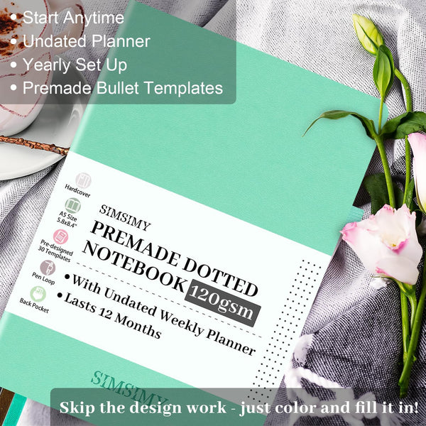 Premade Bullet Dotted Journal Notebook, Pre-Made Dot Grid Journaling with Undated Weekly & Monthly Planner - 12 Month Organization for Habit /