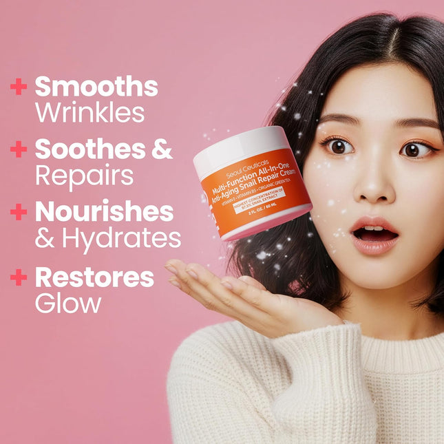 SeoulCeuticals Snail Mucin Moisturizer 97.5% - Korean Skin Care Snail Repair Cream - Day & Night Anti Aging K Beauty Ski