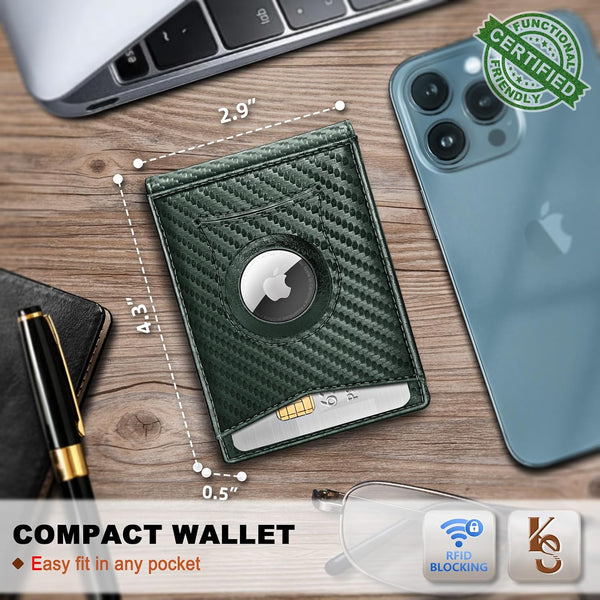 KS Mens Wallet Gift Airtag or Standard Use,Slim Front Pocket Leather Wallet Money Clip 11 cards RFID Blocking Carbon Fiber Leather Dark Green2832