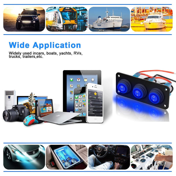 3 Gang 12V 20 Amp Toggle Rocker Switch Panel LED Breaker Waterproof Widely Fits for Auto Automotive Lights Car Marine Boat Yacht, Trailer,