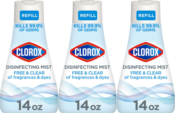 Clorox Free & Clear Disinfecting Mist Refill, Household Essentials, Fragrance Free, 14 Fluid Ounces, Pack of 3