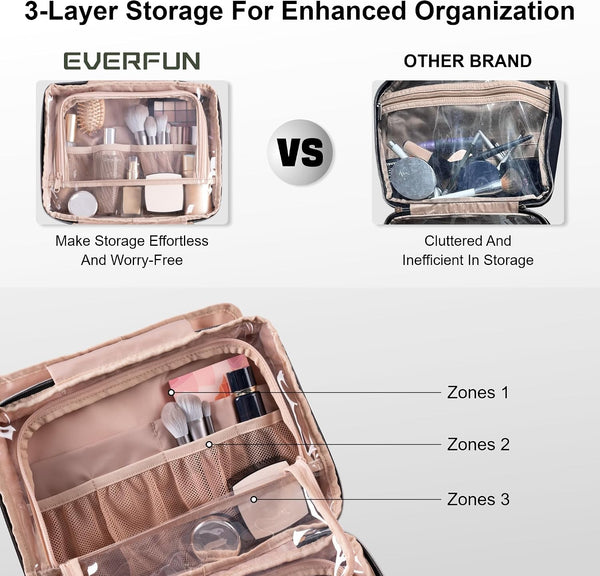 Everfun Travel Toiletry Bag with Hanging Hook and Leakproof Wet/Dry Compartments, Large Capacity Makeup Cosmetic Organizer for Women, 12x9x4.5