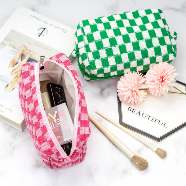 PAZIMIIK Checkered Makeup Bag for Purse Portable Zipper Make Up Pouch Small Cosmetic Case for Travel Accessories (Hotpink) Hotpink 1 Pack Box Pouch