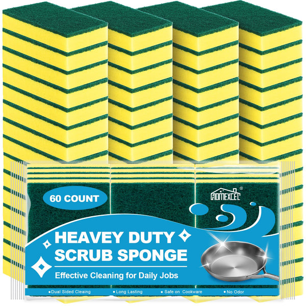 HOMEXCEL Heavy Duty Scrub Sponges Kitchen 60 Count, Extra-Large Sponges for Cleaning Kitchen and Household, Dish Scrubber for Washing Dishes, Pots